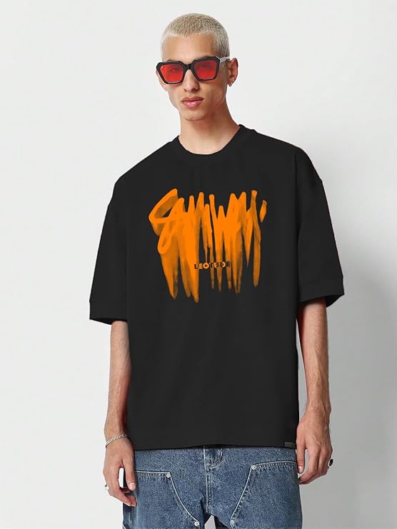 LEOTUDE Half Sleeve Oversized Cottonblend Round Neck Printed Men's T-Shirt (Color Black) - Image 3